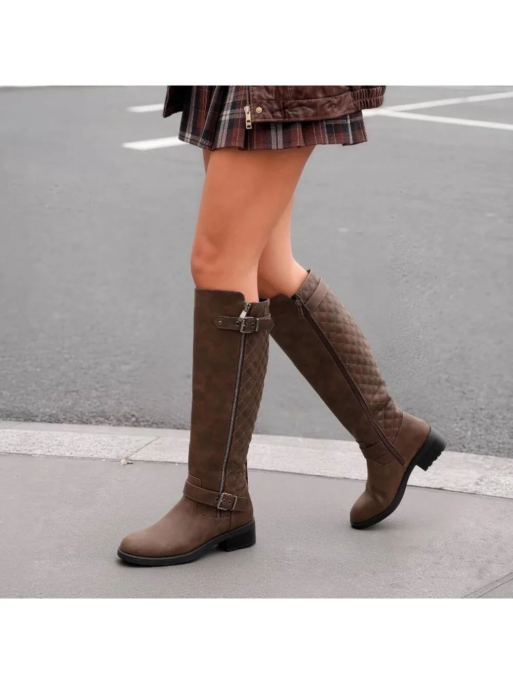 Women's Brown Faux Leather Chunky Block Heel Round Toe Side Zip Knee High Boots